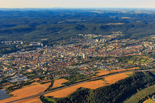 City overview from the northeast beyond the A6 motorway in Kaiserslautern in the state Rhineland-Palatinate, Germany