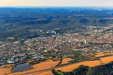 Aerial view of City overview from the northeast beyond the A6 motorway in Kaiserslautern in the state Rhineland-Palatinate, Germany