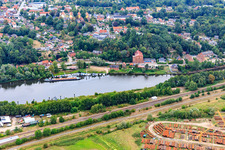 Boat dock on the Elbe of the WSC Lauenburg and DTM -Dan Tobacco Manufacturing GmbH in Lauenburg in the state Schleswig Holstein, Germany