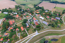 Village view from the west on the Elbe dike in the district Neu Garge in Amt Neuhaus in the state Lower Saxony, Germany