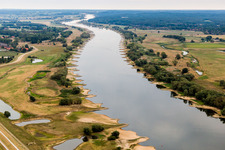 Shore areas exposed by low-water level riverbed of the River Elbe in Neu Darchau in the state Lower Saxony, Germany