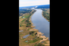 Aerial view of Course of the Elbe from the east with many groynes in the district Konau in Amt Neuhaus in the state Lower Saxony, Germany