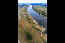 Aerial photograpy of Course of the Elbe from the east with many groynes in the district Konau in Amt Neuhaus in the state Lower Saxony, Germany