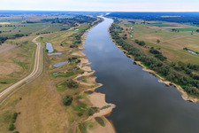 Oblique view of Course of the Elbe from the east with many groynes in the district Konau in Amt Neuhaus in the state Lower Saxony, Germany