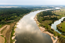 Shore areas exposed by low-water level riverbed of the River Elbe in Neu Darchau in the state Lower Saxony, Germany