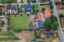 Goose meadow on Dorfstraße and MOLDA Evolution GmbH in the district Radenbeck in Thomasburg in the state Lower Saxony, Germany