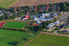 Aerial view of Sports field, sports hall of the IGS Embsen in Embsen in the state Lower Saxony, Germany