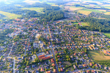 Aerial view of Bahnhofstr from the south in Ebstorf in the state Lower Saxony, Germany