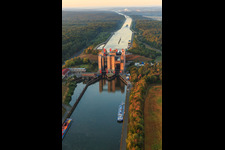 Oblique view of Boat lift and locks plants on the banks of the waterway of the Elbe side channel in Scharnebeck in the state Lower Saxony, Germany