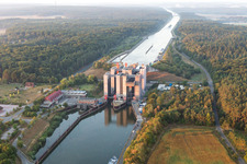 Boat lift and locks plants on the banks of the waterway of the Elbe side channel in Scharnebeck in the state Lower Saxony, Germany out of the air