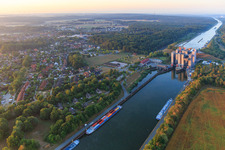 Boat lift and locks plants on the banks of the waterway of the Elbe side channel in Scharnebeck in the state Lower Saxony, Germany seen from above