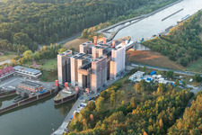 Boat lift and locks plants on the banks of the waterway of the Elbe side channel in Scharnebeck in the state Lower Saxony, Germany from the plane