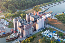Bird's eye view of Boat lift and locks plants on the banks of the waterway of the Elbe side channel in Scharnebeck in the state Lower Saxony, Germany