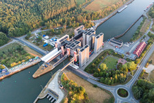 Boat lift and locks plants on the banks of the waterway of the Elbe side channel in Scharnebeck in the state Lower Saxony, Germany from the drone perspective