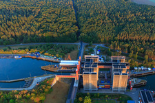 Boat lift and locks plants on the banks of the waterway of the Elbe side channel in Scharnebeck in the state Lower Saxony, Germany seen from a drone
