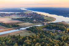 Aerial view of Village view at the mouth of the Elbe Lateral Canal into the Elbe with flood gate from the southeast in Artlenburg in the state Lower Saxony, Germany
