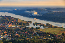 View of the town on the Elbe from the southwest opposite the Krümmel nuclear power plant in Tespe in the state Lower Saxony, Germany