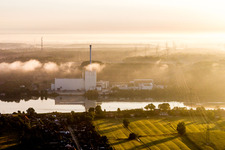 Building the decommissioned reactor units and systems of the NPP - NPP nuclear power plant Kruemmel in morning mist on the Elbe shore in the district Kruemmel in Geesthacht in the state Schleswig-Holstein, Germany
