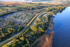 Port and campsite Stover Strand on both sides of the Elbe dam in the district Stove in Drage in the state Lower Saxony, Germany