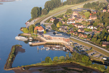 Anchored and moored ferry in the harbor on Zollenspieker Faehrhaus on Elbe in Hamburg, Germany