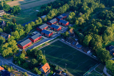 Aerial view of Red apartment buildings on the Sülzbrack and the SCVM sports field in the district Kirchwerder in Hamburg in the state Hamburg, Germany