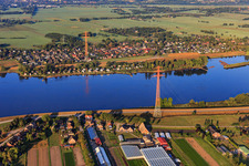 High-voltage line crosses the Elbe in the district Ochsenwerder in Hamburg in the state Hamburg, Germany
