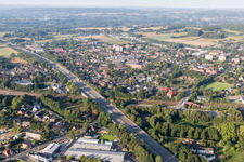 Routing and traffic lanes over the highway bridge in the motorway A 1 crossing the railway tracks in Seevetal in the state Lower Saxony, Germany