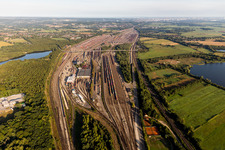 Marshalling yard and freight station Maschen of the Deutsche Bahn in the district Maschen in Seevetal in the state Lower Saxony, Germany from a drone