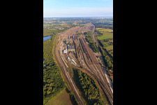 Marshalling yard and freight station Maschen of the Deutsche Bahn in the district Maschen in Seevetal in the state Lower Saxony, Germany seen from a drone