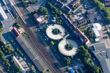 Aerial view of Double circular Parking deck on the building of the car park Parkhaus on Bahnhof in Lueneburg in the state Lower Saxony, Germany