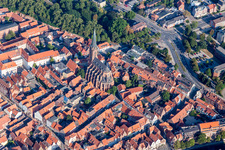 Aerial view of Church building in St. Nicolai in Old Town- center of downtown in Lueneburg in the state Lower Saxony, Germany