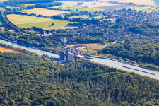 Aerial view of Boat lift and locks plants on the banks of the waterway of the Elbe side channel in Scharnebeck in the state Lower Saxony, Germany
