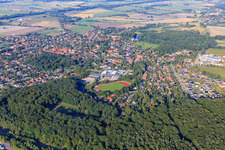 View of the town from the southwest with sports field from the Bernhard-Riemann-Gymnasium Scharnebeck, school at the ship lift in Scharnebeck in the state Lower Saxony, Germany