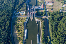 Boat lift and locks plants on the banks of the waterway of the Elbe side channel in Scharnebeck in the state Lower Saxony, Germany seen from above