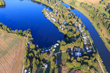 Aerial view of Diebsradenweg on the Elbe-Lübeck Canal with Freizeitwelt campsite Güster in Güster in the state Schleswig Holstein, Germany