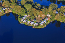 Oblique view of Diebsradenweg on the Elbe-Lübeck Canal with Freizeitwelt campsite Güster in Güster in the state Schleswig Holstein, Germany