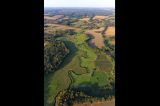Aerial photograpy of The Schaale stream meanders between meadows in the district Bretzin in Bengerstorf in the state Mecklenburg-Western Pomerania, Germany