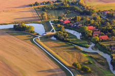 Niendorf district with dam on the river Krainke from the north in the district Preten in Amt Neuhaus in the state Lower Saxony, Germany