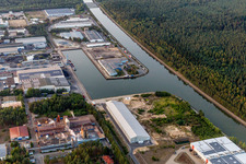 Aerial photograpy of Quays and boat moorings at the port of the inland port on Elbe-side-channel in Lueneburg in the state Lower Saxony, Germany