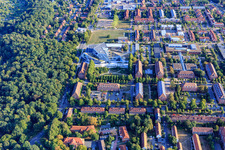 Aerial photograpy of Campus- University- Area Central Building Leuphana University Lüneburg by architect Libeskind in the district Bockelsberg in Lüneburg in the state Lower Saxony, Germany