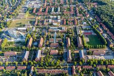 Aerial photograpy of Campus University- area Zentralgebaeude Leuphana Universitaet Lueneburg of vom architect Libeskind in Lueneburg in the state Lower Saxony, Germany