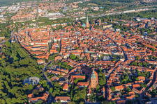Old town overview from the west in the evening with Görgestr, from St. Michaelis Church to Am Sande and St. Johannis Church Lüneburg in Lüneburg in the state Lower Saxony, Germany