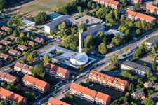 Drone recording of Old Town area and city center in Lueneburg in the state Lower Saxony, Germany