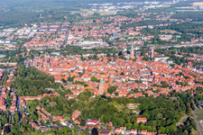 Drone image of Old Town area and city center in Lueneburg in the state Lower Saxony, Germany