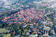 Old Town area and city center in Lueneburg in the state Lower Saxony, Germany from the drone perspective