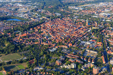 Overview of the old town area and city center from the northwest in the evening in Lüneburg in the state Lower Saxony, Germany