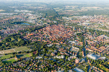 Old Town area and city center in Lueneburg in the state Lower Saxony, Germany from a drone
