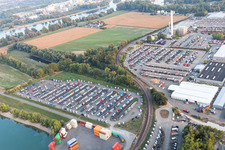 Aerial view of Truck storage on the Rhine in the district Maximiliansau in Wörth am Rhein in the state Rhineland-Palatinate, Germany