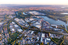 Quays and boat moorings at the port of the inland port of the Rhine river in Germersheim in the state Rhineland-Palatinate, Germany