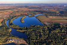 Aerial view of Kollersee with Leberwurst Island in Brühl in the state Rhineland-Palatinate, Germany